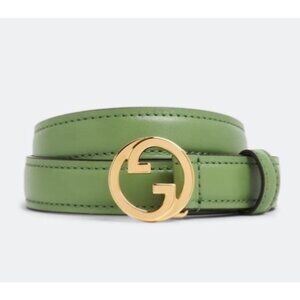 Gucci Women’s Blondie Ciny Interlocking Buckle Calfskin Belt Salamander Green